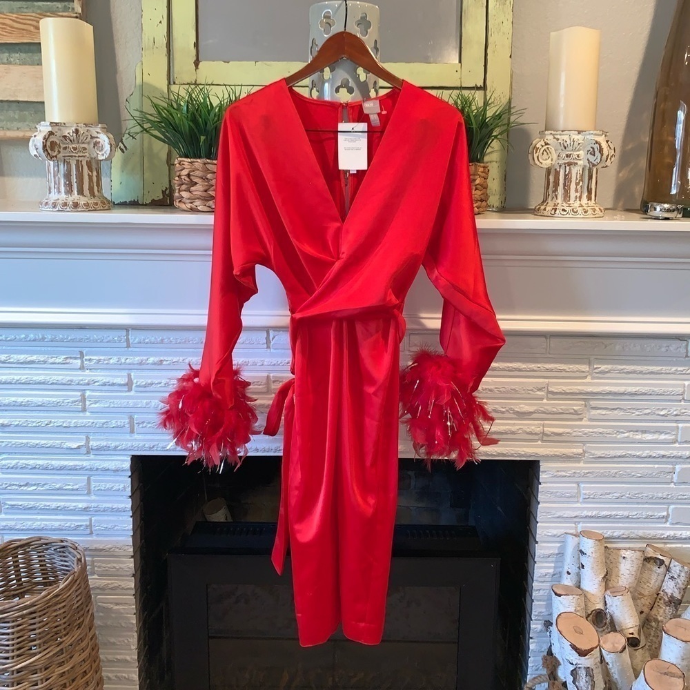 ASOS Red Satin Midi Dress Draped Style Bust Tie Waist Feather Accents NEW Size 4